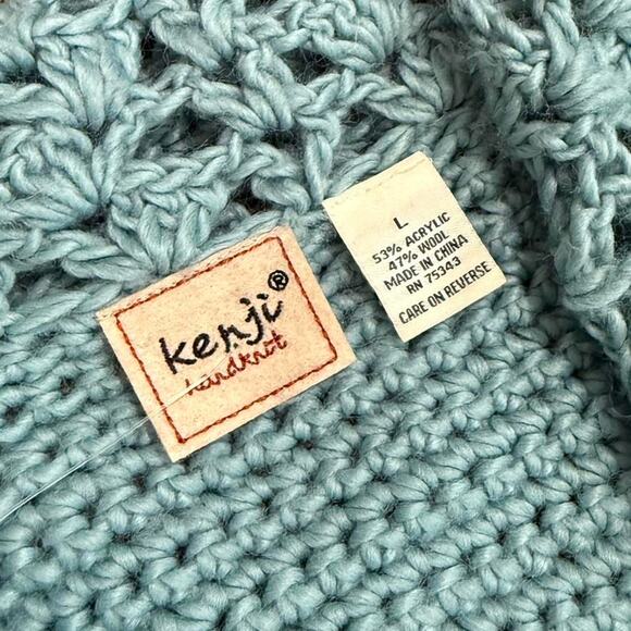 Kenji Handknit Aqua Blue Wool Blend Knitted Crochet Long Sleeve Cardigan Robe - Picture 7 of 7